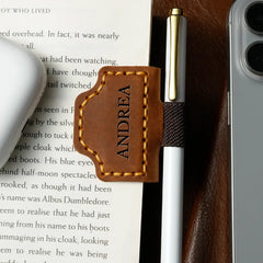Brown leather bookmark with magnetic closure and pen holder