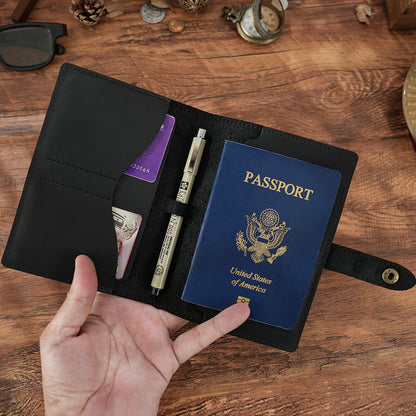 Leather passport holder interior with card slots pen loop and passport pocket
