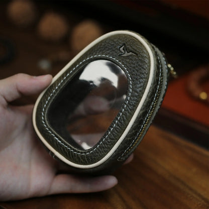 Olive green full grain leather pouch with clear window and antique brass zipper