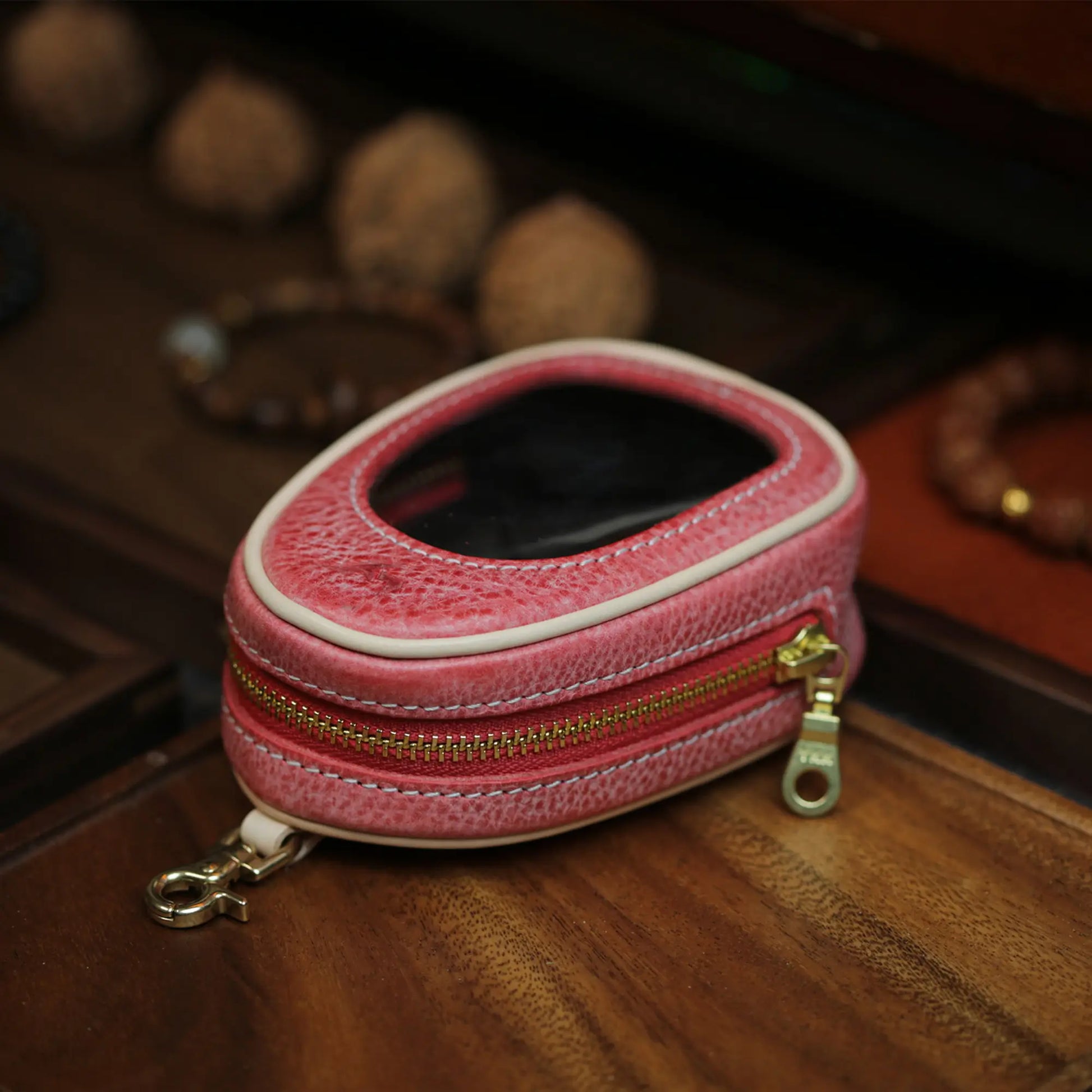 Vibrant red full grain leather window pouch with gold clasp hook by BygoneMark