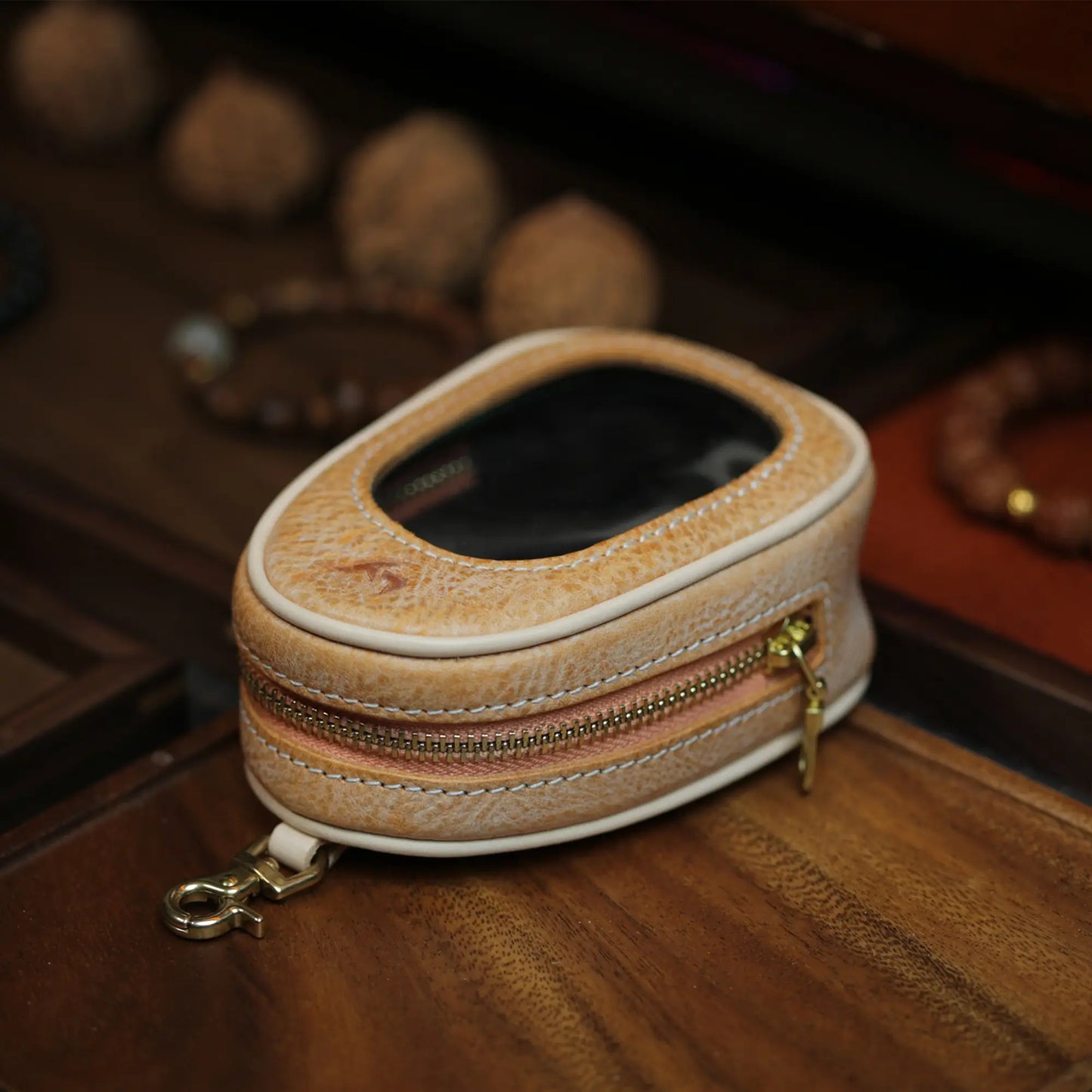 Natural yellow full grain leather pouch with clear window and ivory edge piping