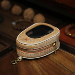 Natural yellow full grain leather pouch with clear window and ivory edge piping