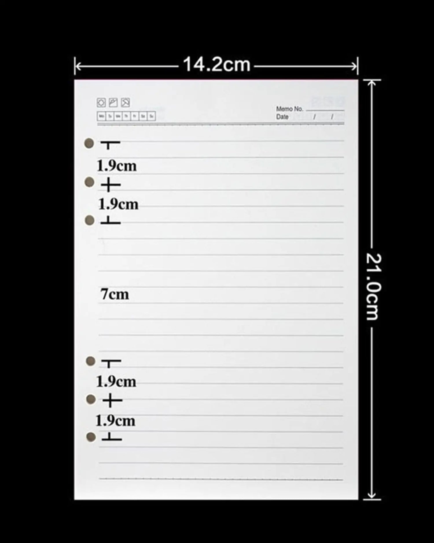 A white lined measurement sheet with printed dimensions and labels, shown on a black background with dimension arrows indicating 14.2 cm width and 21.