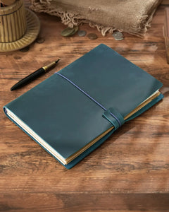 Teal Blue B5 refillable leather traveler’s notebook with elastic closure