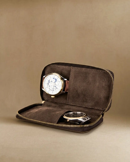 Brown crazy horse leather travel watch pouch with two watches inside showing suede interior