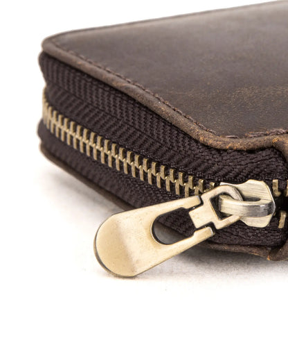 Close up of YKK zipper detail on brown leather watch travel case