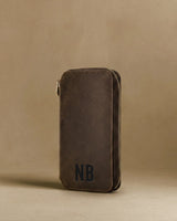 Brown leather travel watch case with custom monogram initials engraved