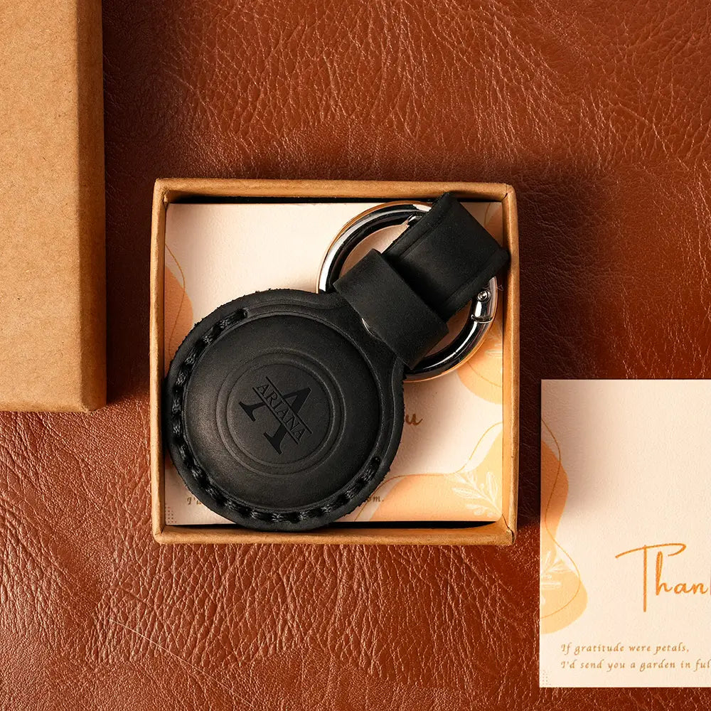 Black personalized AirTag case leather
