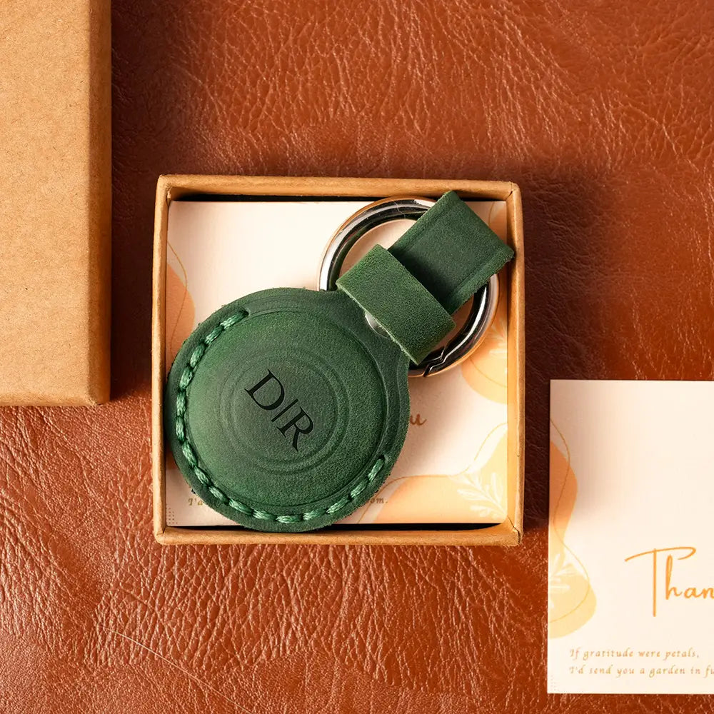 Green personalized leather AirTag holder