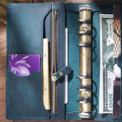 Open blue leather wallet with various items including a purple card, knife, and money.