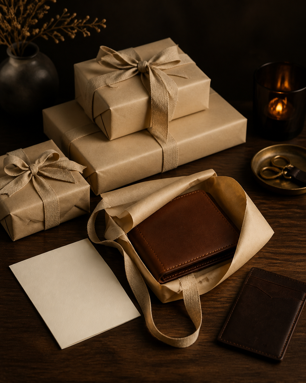 Wrapped leather milestone gift with ribbon and a blank presentation card