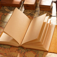 Refillable leather journal open showing 100gsm blank pages