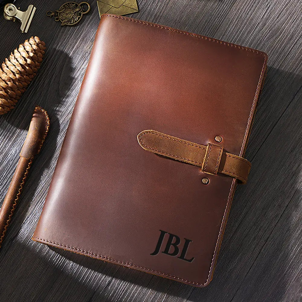 Personalized brown crazy horse leather journal with vintage brass buckle closure