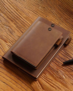 A6 and A5 leather writing folios shown together for size comparison