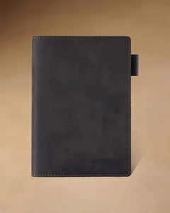 Espresso A6 leather writing folio with stitched cover and pen loop
