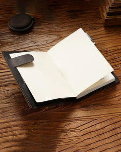Open A6 notebook inside a leather writing folio