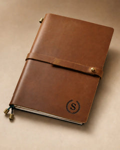 Cognac A5 leather traveler’s notebook with wrap strap and monogram example