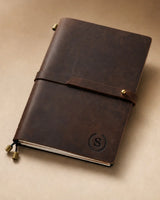 Espresso A5 leather traveler’s notebook with wrap strap and monogram example