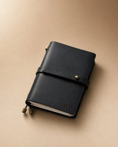 Black Passport-Size leather traveler’s notebook with wrap strap and monogram example