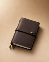 Espresso Passport-Size leather traveler’s notebook with wrap strap and monogram example