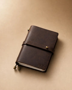 Espresso Passport-Size leather traveler’s notebook with wrap strap and monogram example