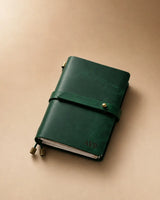 Forest Green Passport-Size leather traveler’s notebook with wrap strap and monogram example