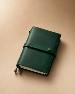 Forest Green Passport-Size leather traveler’s notebook with wrap strap and monogram example