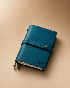 Teal Blue Passport-Size leather traveler’s notebook with wrap strap and monogram example