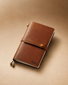 Cognac Personal-Size leather traveler’s notebook with wrap strap and monogram example