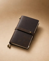 Espresso Personal-Size leather traveler’s notebook with wrap strap and monogram example