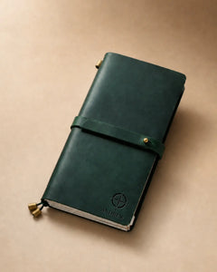 Forest Green Regular-Size leather traveler’s notebook with wrap strap and compass personalization example
