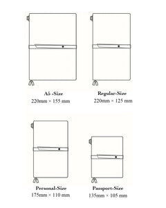 Traveler’s notebook size comparison including A5, Regular, Personal, and Passport