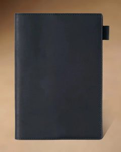 Black A5 leather writing folio with stitched cover and pen loop