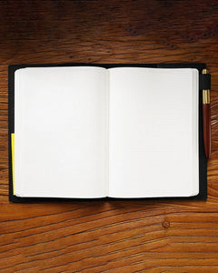 Open Black A5 leather writing folio with grid notebook and pen loop
