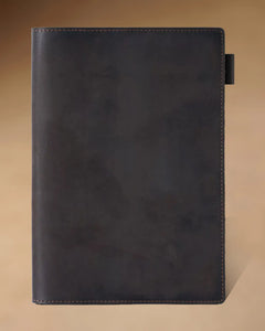 Espresso A5 leather writing folio with stitched cover and pen loop