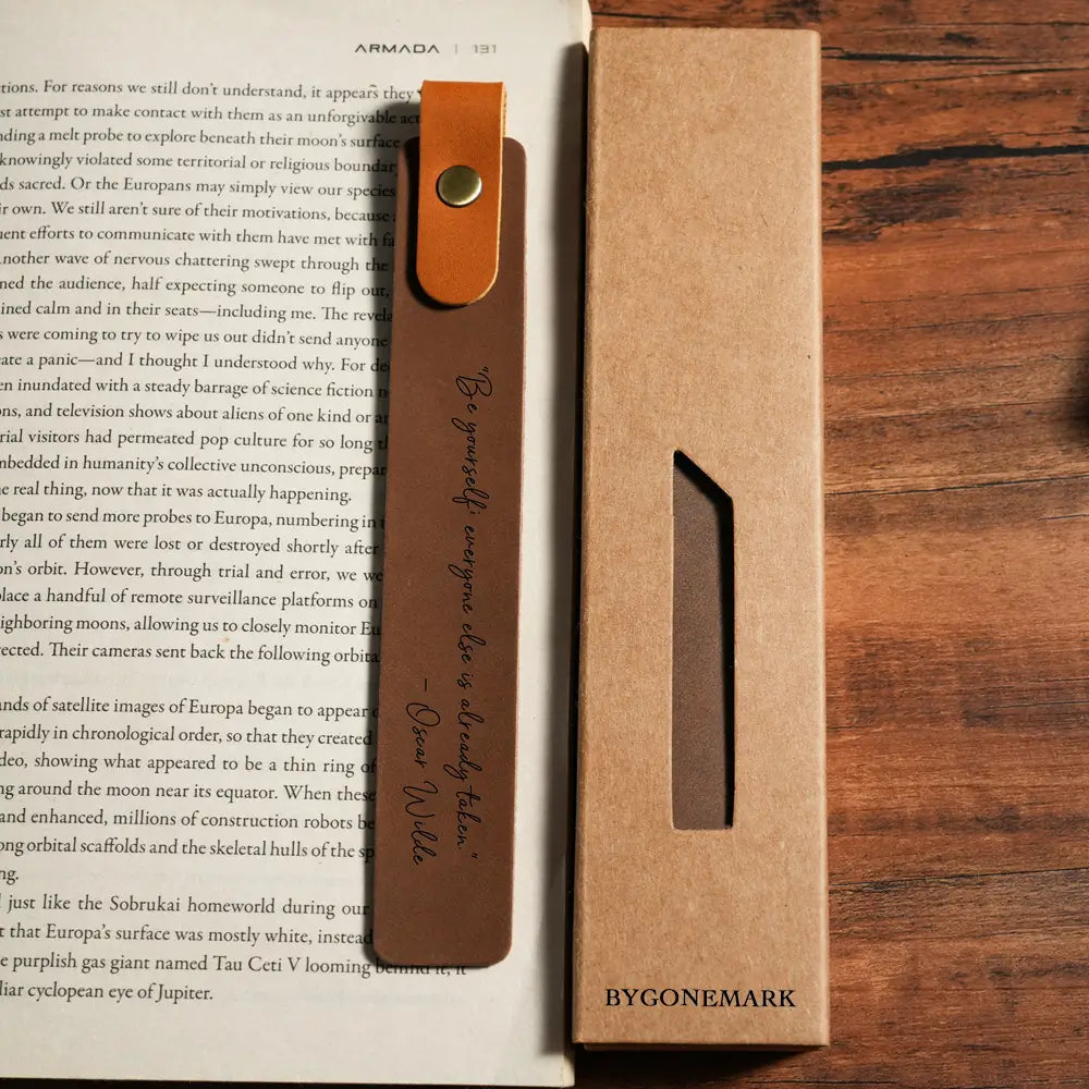 Dark brown leather bookmark with name engraving