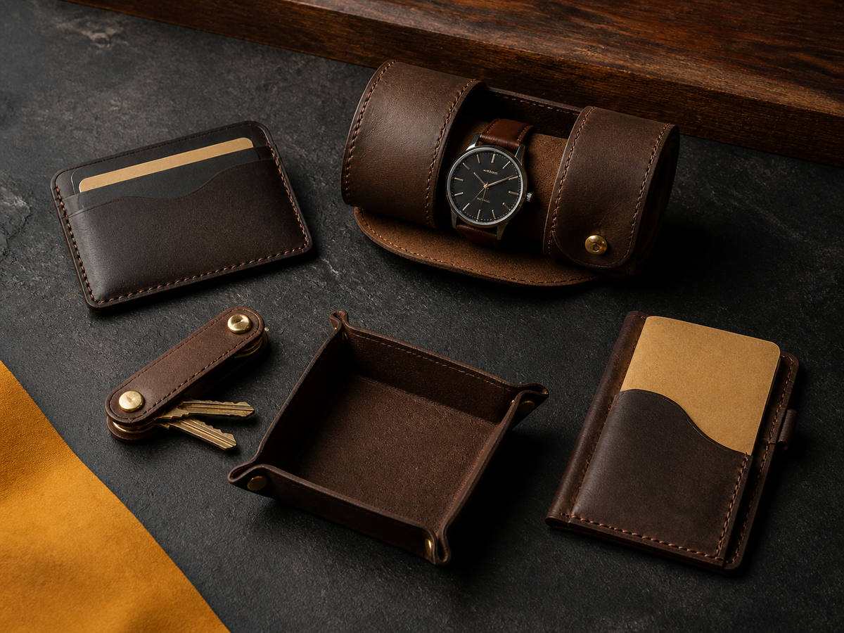 Handcrafted leather gift assortment on charcoal and walnut surfaces