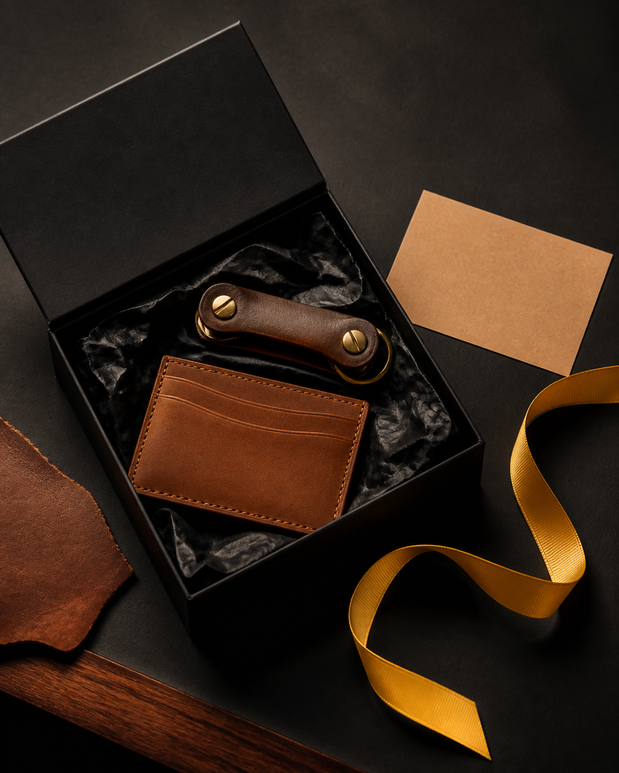 Leather accessories arranged in a plain gift box for many occasions