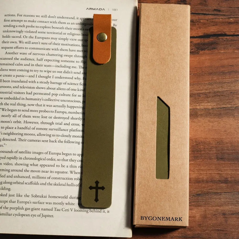 Green custom engraved leather bookmark