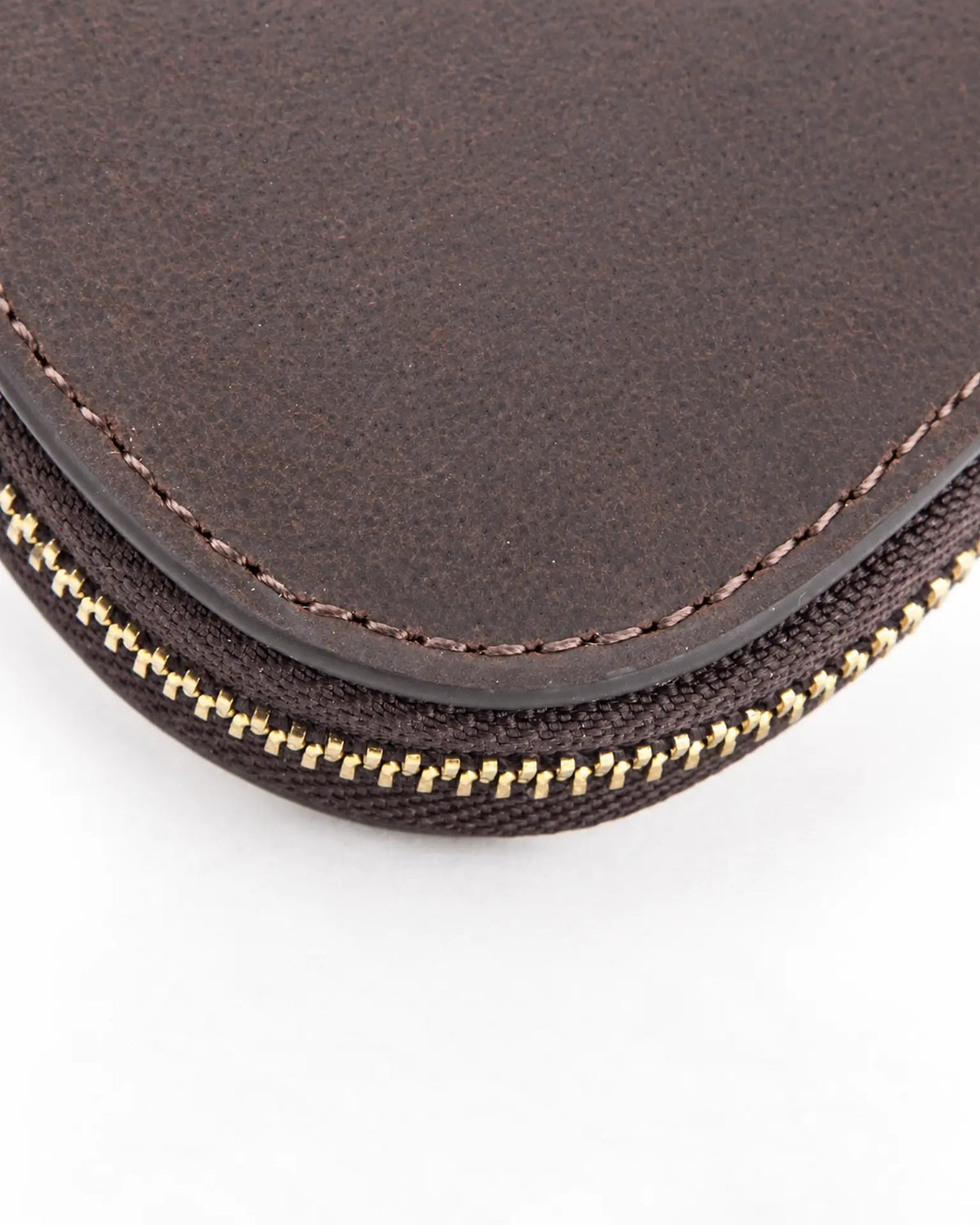Close-up of the stitching, leather surface and curved zipper edge of the watch case.