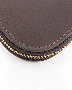 Close-up of the stitching, leather surface and curved zipper edge of the watch case.
