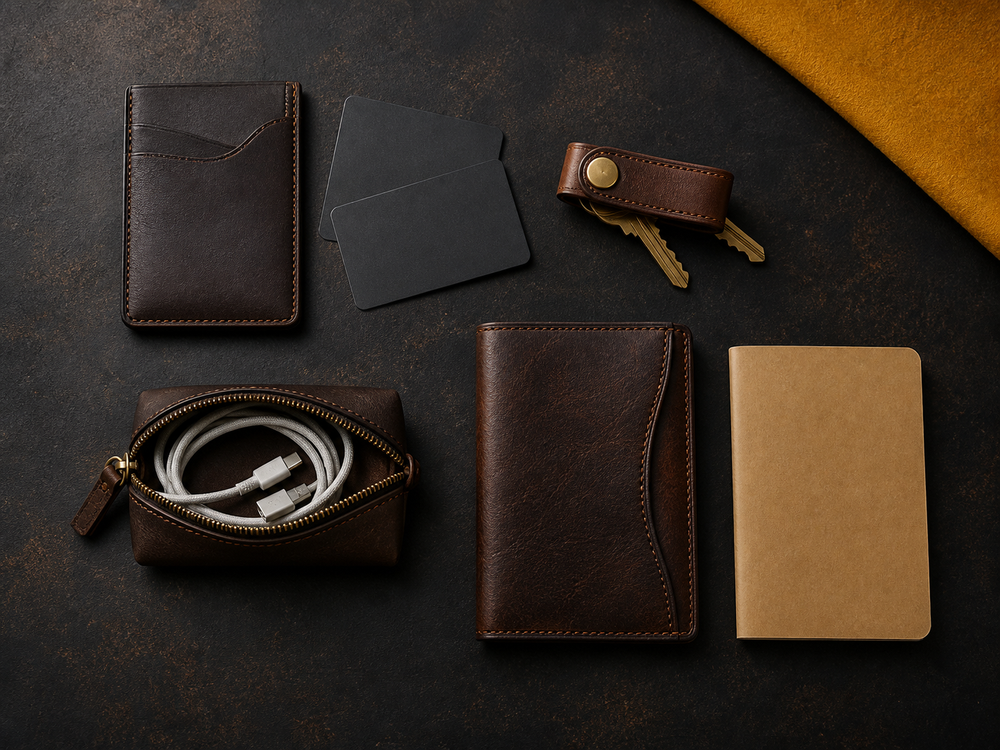 Leather everyday accessories arranged to compare capacity and compatibility