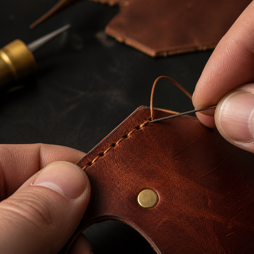 Hands saddle stitching full grain leather beside a burnished edge