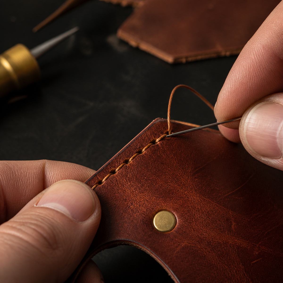 Hands saddle stitching full grain leather beside a burnished edge