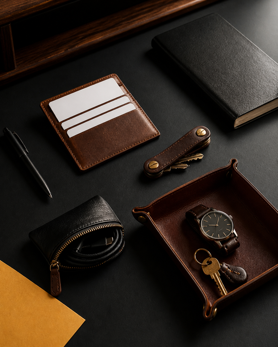 Leather desk and everyday carry accessories organized on a dark surface
