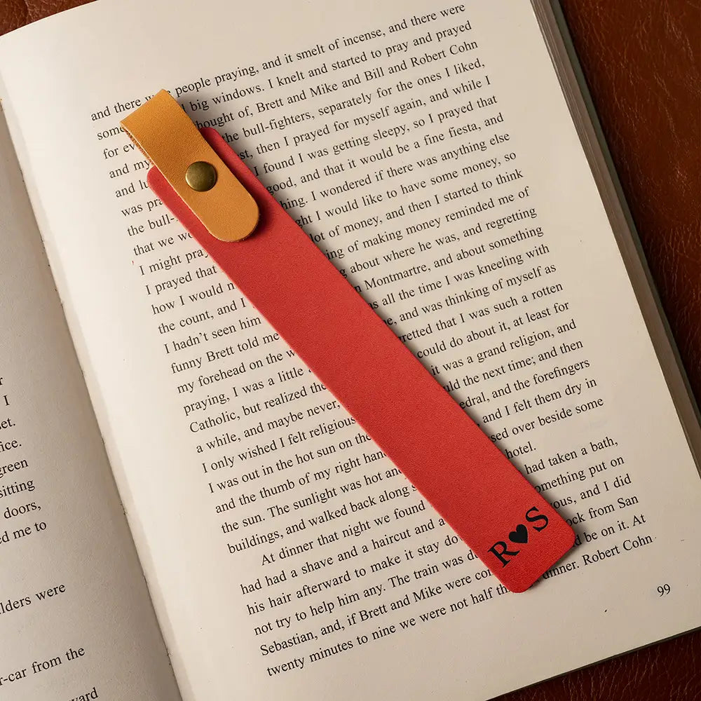 Red personalized leather bookmark with name engraving