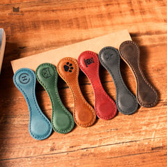 Custom engraved initials on leather bookmark
