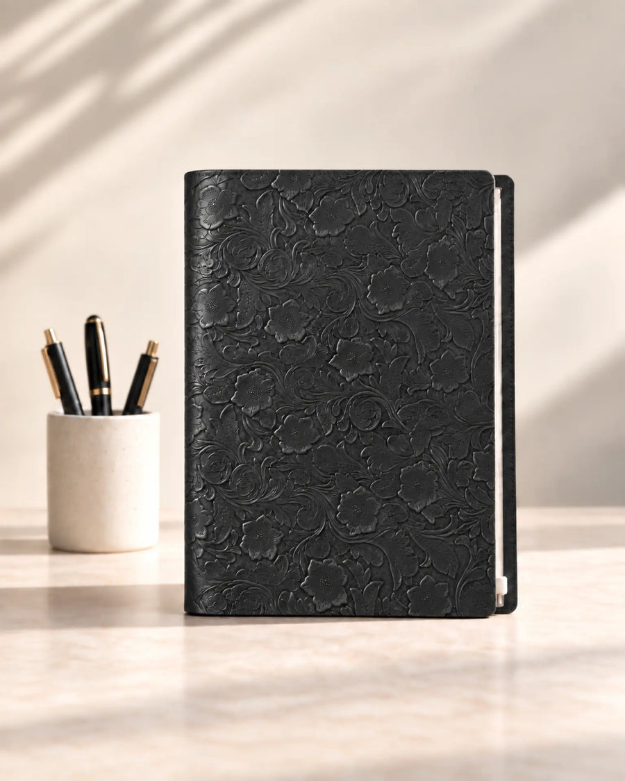 Black Legacy Floral A4 leather ring-binder journal with embossed floral cover