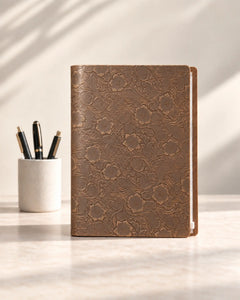 Cognac Legacy Floral A4 leather ring-binder journal with embossed floral cover