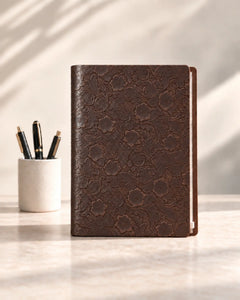 Espresso Legacy Floral A4 leather ring-binder journal with embossed floral cover